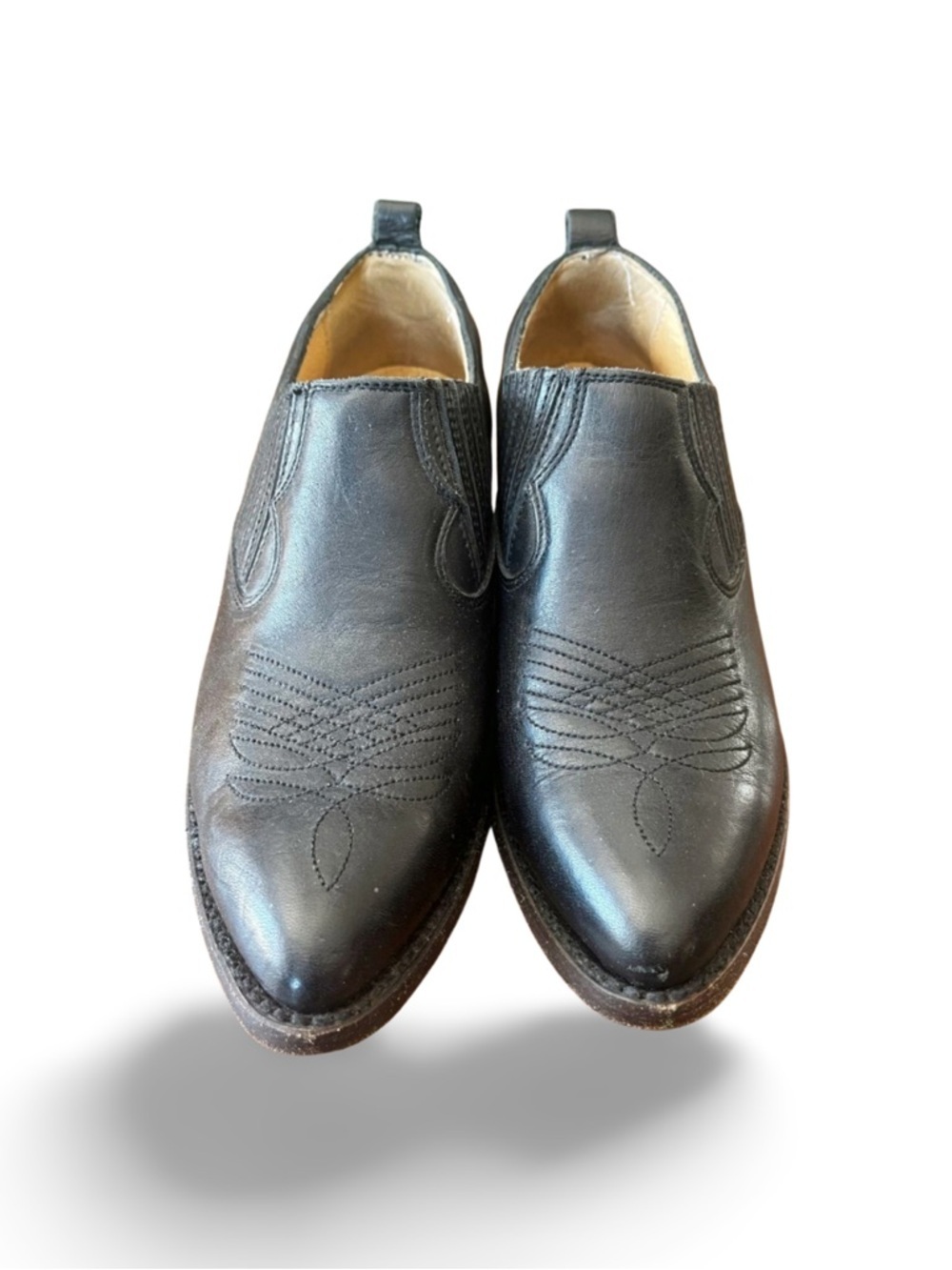 Frye Black Leather Ankle Booties Slip-On Low Heel Western Minimalist shortie - Picture 5 of 8